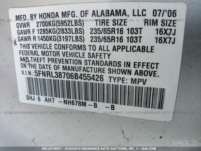 5FNRL38706B455426 - 2006 HONDA ODYSSEY EXL SILVER photo 9