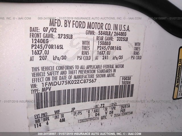 1FMDU75K02ZC87567 - 2002 FORD EXPLORER LIMITED WHITE photo 9