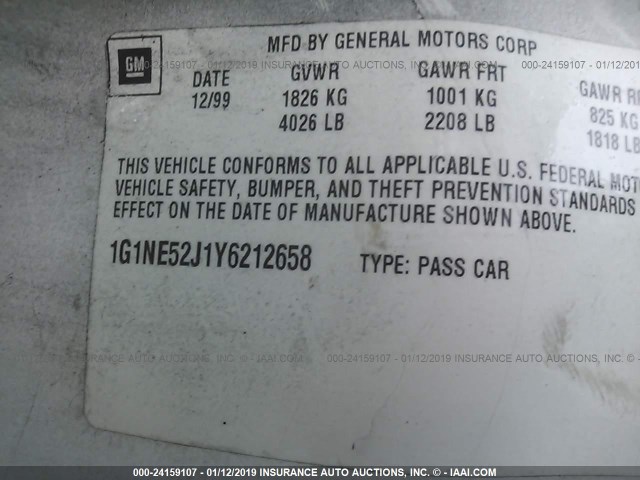 1G1NE52J1Y6212658 - 2000 CHEVROLET MALIBU LS WHITE photo 9