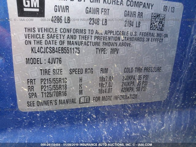 KL4CJCSB4EB551175 - 2014 BUICK ENCORE BLUE photo 9