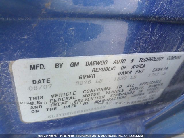 KL1TD66688B089503 - 2008 CHEVROLET AVEO LS BLUE photo 9