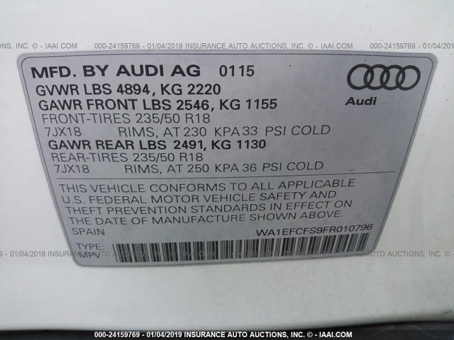 WA1EFCFS9FR010796 - 2015 AUDI Q3 PREMIUM PLUS WHITE photo 9