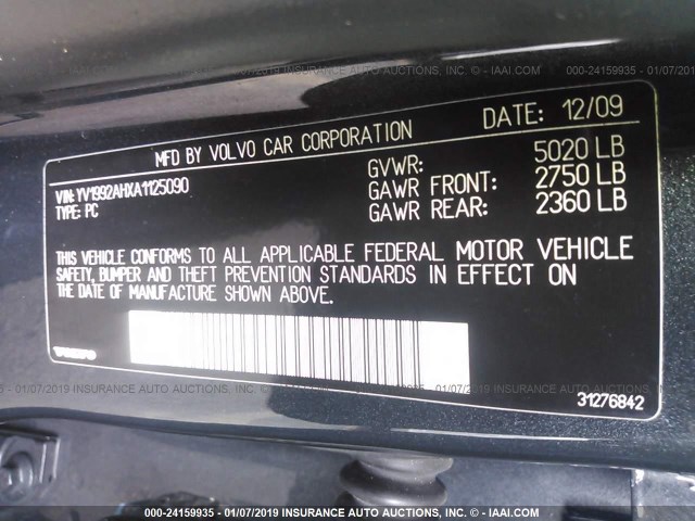 YV1992AHXA1125090 - 2010 VOLVO S80 T6 GRAY photo 9