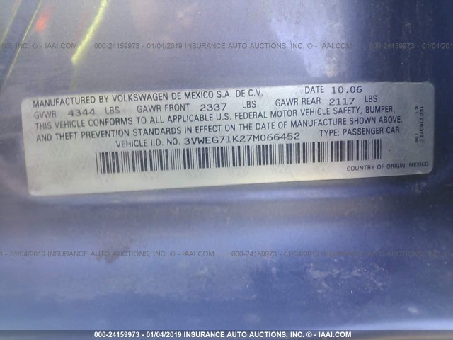 3VWEG71K27M066452 - 2007 VOLKSWAGEN JETTA WOLFSBURG 灰色 照片 9