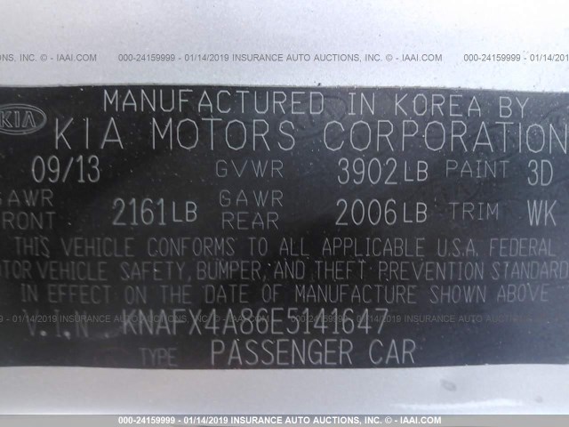 KNAFX4A86E5141647 - 2014 KIA FORTE EX SILVER photo 9