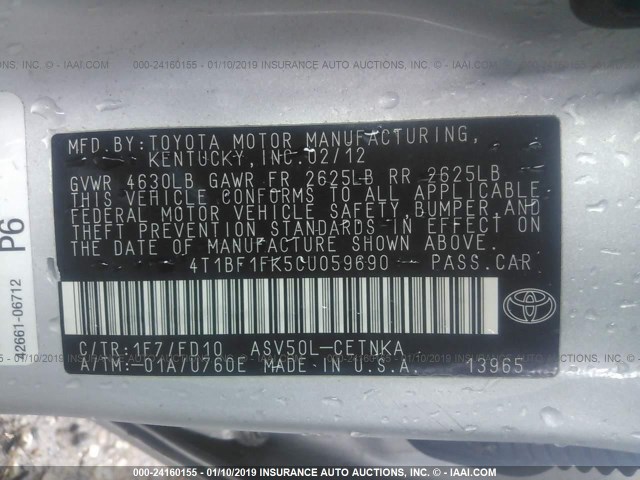 4T1BF1FK5CU059690 - 2012 TOYOTA CAMRY SE/LE/XLE SILVER photo 9