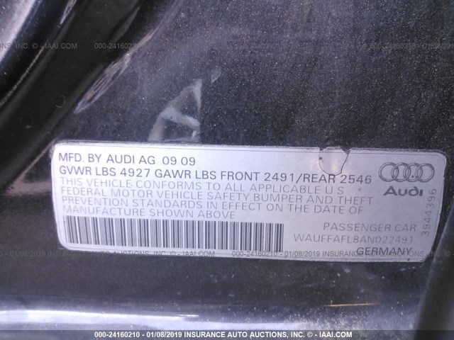 WAUFFAFL8AN022491 - 2010 AUDI A4 PREMIUM PLUS BLACK photo 9