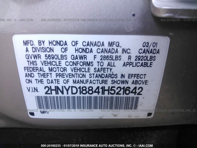 2HNYD18841H521642 - 2001 ACURA MDX TOURING GOLD photo 9