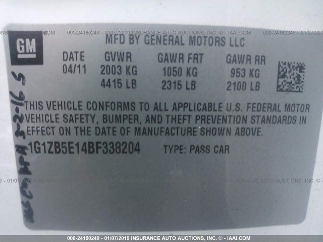 1G1ZB5E14BF338204 - 2011 CHEVROLET MALIBU LS WHITE photo 9