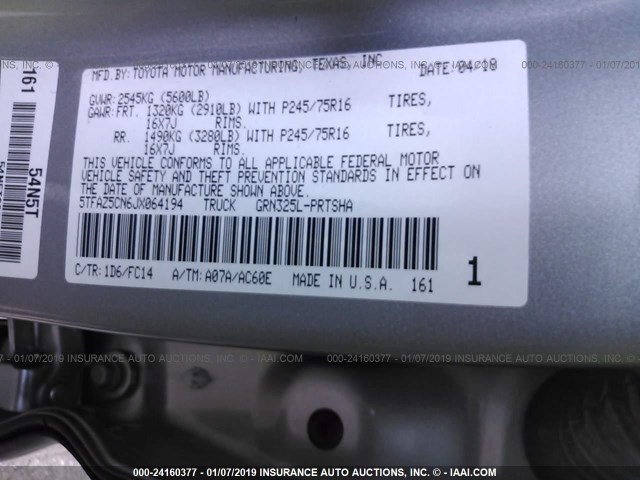 5TFAZ5CN6JX064194 - 2018 TOYOTA TACOMA DBL CAB/SR5/TRD SPORT/OR SILVER photo 9