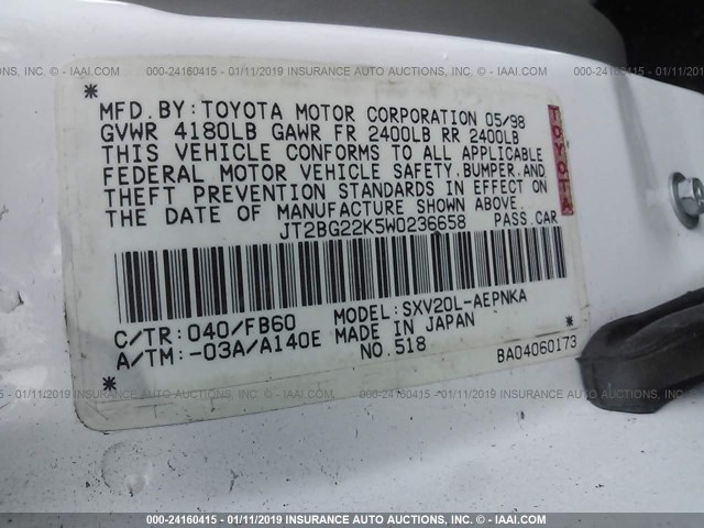 JT2BG22K5W0236658 - 1998 TOYOTA CAMRY CE/LE/XLE 白色 照片 9