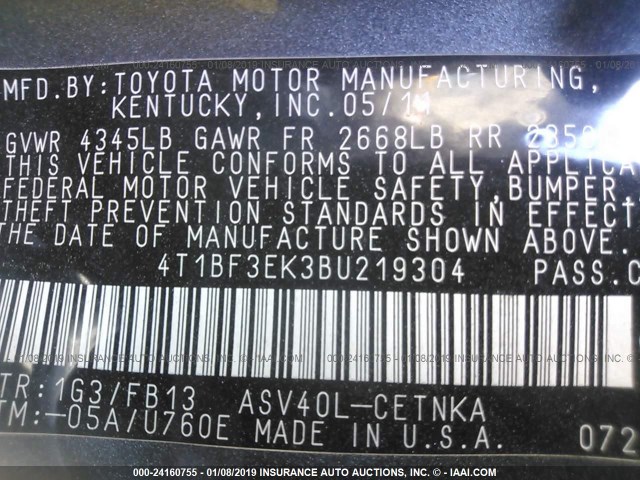 4T1BF3EK3BU219304 - 2011 TOYOTA CAMRY SE/LE/XLE GRAY photo 9