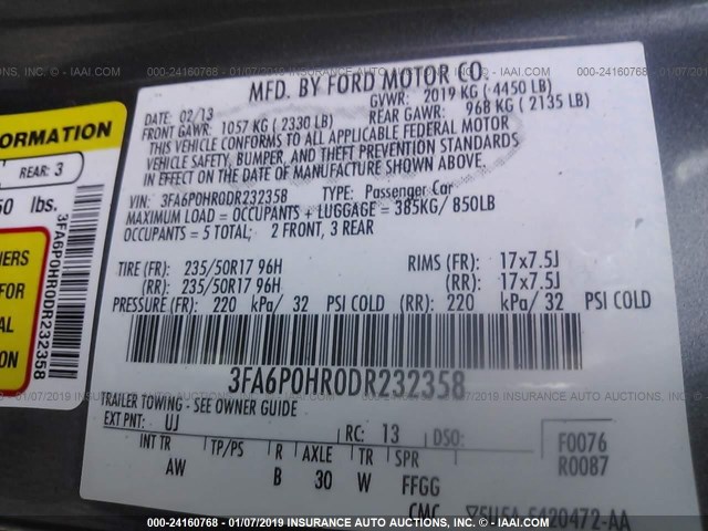 3FA6P0HR0DR232358 - 2013 FORD FUSION SE ნაცრისფერი ფოტო 9