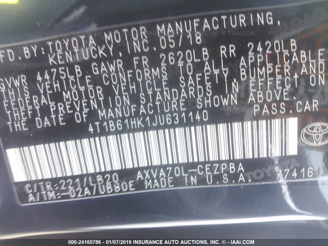 4T1B61HK1JU631140 - 2018 TOYOTA CAMRY XSE BLUE photo 9