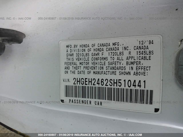 2HGEH2462SH510441 - 1995 HONDA CIVIC DX WHITE photo 9