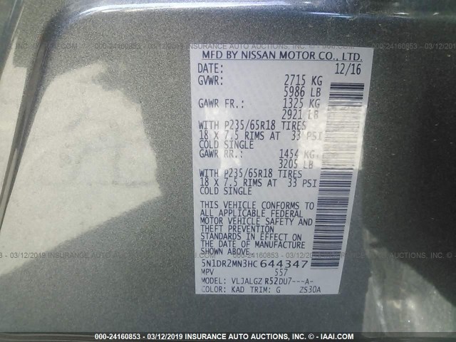 5N1DR2MN3HC644347 - 2017 NISSAN PATHFINDER S/SV/SL/PLATINUM GRAY photo 9