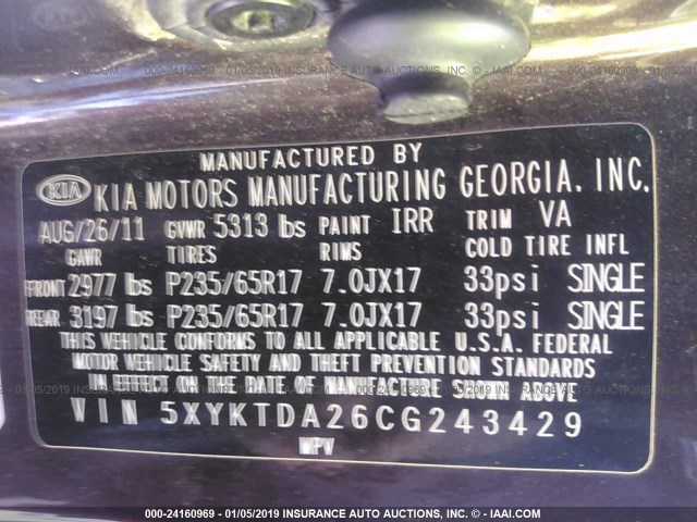 5XYKTDA26CG243429 - 2012 KIA SORENTO LX Tünd qırmızı foto 9