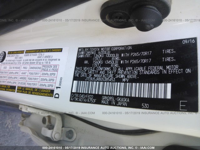 JTEBU5JR8G5385453 - 2016 TOYOTA 4RUNNER SR5 PREM/LTDL/TRAIL/TRD WHITE photo 9