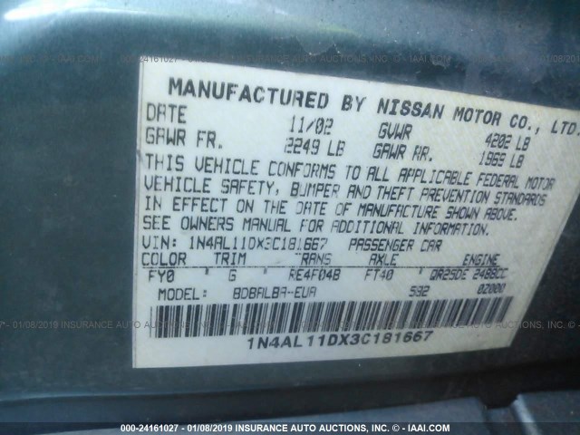 1N4AL11DX3C181667 - 2003 NISSAN ALTIMA S/SL GREEN photo 9