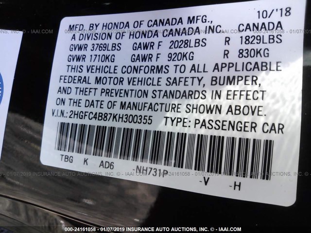 2HGFC4B87KH300355 - 2019 HONDA CIVIC SPORT 黑色 照片 9