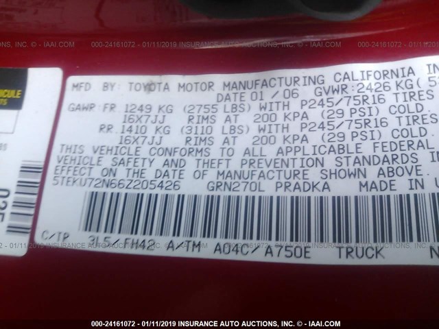 5TEKU72N66Z205426 - 2006 TOYOTA TACOMA DBL CAB PRERUNNER LNG BED RED photo 9