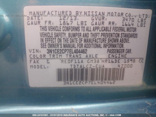 3N1CE2CP7EL404462 - 2014 NISSAN VERSA NOTE S/S PLUS/SV/SL TEAL photo 9