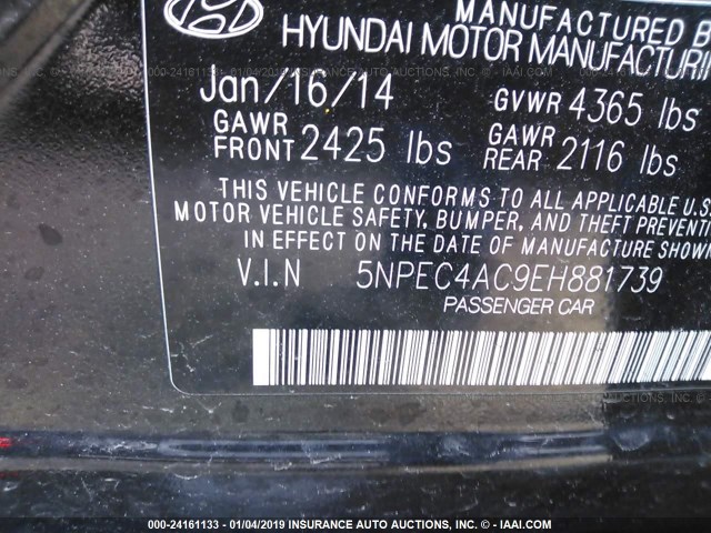 5NPEC4AC9EH881739 - 2014 HYUNDAI SONATA SE/LIMITED BLACK photo 9