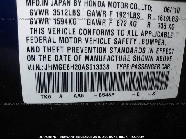 JHMGE8H20AS013338 - 2010 HONDA FIT BLUE photo 9