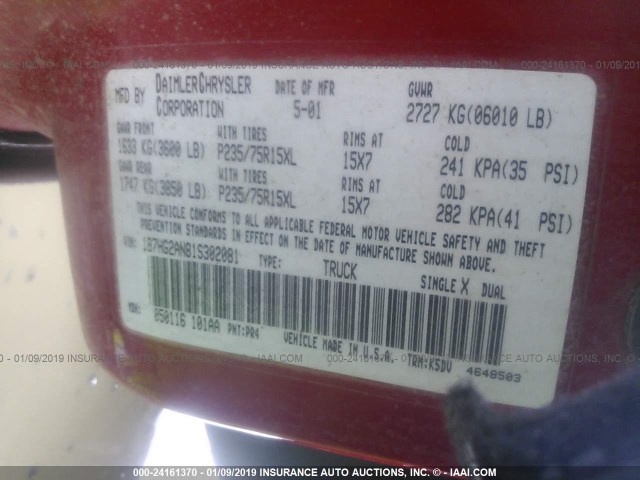 1B7HG2AN81S302081 - 2001 DODGE DAKOTA QUAD RED photo 9