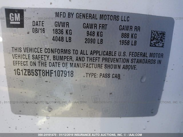 1G1ZB5ST8HF107918 - 2017 CHEVROLET MALIBU LS Weiß Foto 9