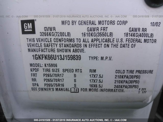 1GKFK66U13J159839 - 2003 GMC YUKON XL DENALI WHITE photo 9