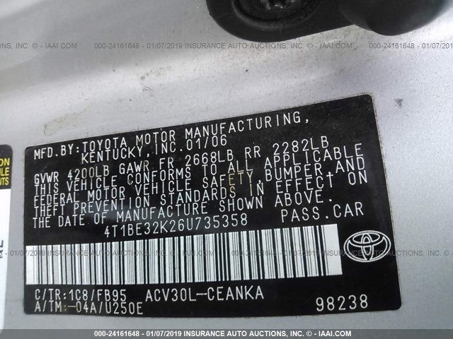 4T1BE32K26U735358 - 2006 TOYOTA CAMRY LE/XLE/SE SILVER photo 9