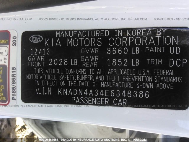 KNADN4A34E6348386 - 2014 KIA RIO EX WHITE photo 9