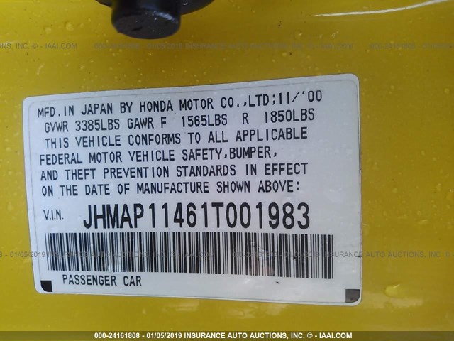 JHMAP11461T001983 - 2001 HONDA S2000 YELLOW photo 9