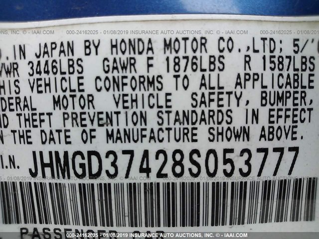 JHMGD37428S053777 - 2008 HONDA FIT BLUE photo 9