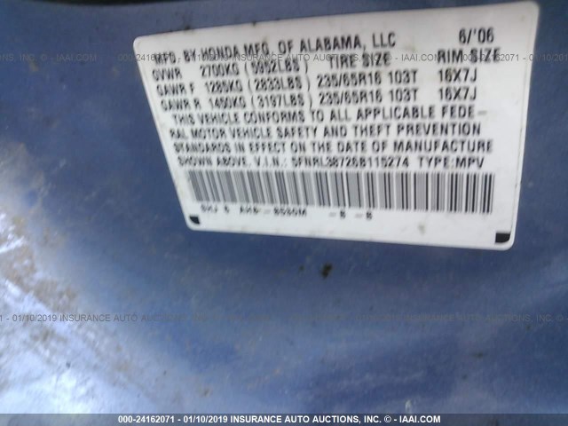 5FNRL38726B115274 - 2006 HONDA ODYSSEY EXL BLUE photo 9