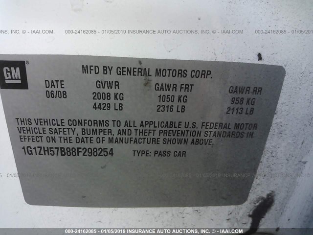 1G1ZH57B88F298254 - 2008 CHEVROLET MALIBU 1LT WHITE photo 9