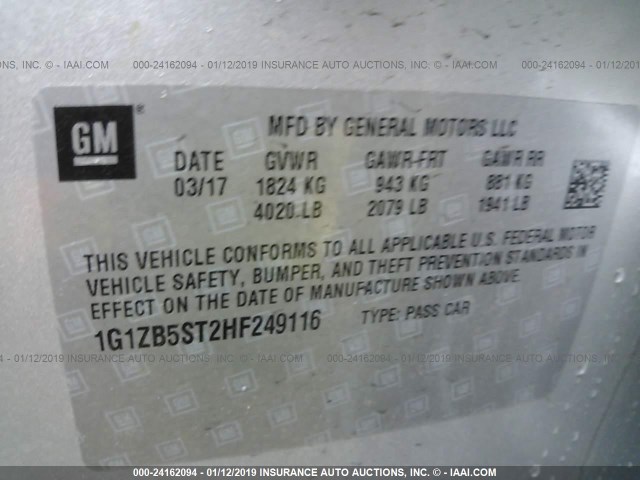 1G1ZB5ST2HF249116 - 2017 CHEVROLET MALIBU LS SILVER photo 9