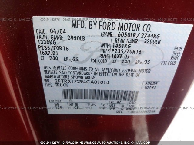2FTRX17294CA81014 - 2004 FORD F-150 HERITAGE CLASSIC RED photo 9