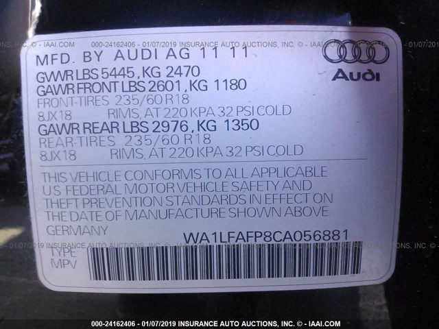 WA1LFAFP8CA056881 - 2012 AUDI Q5 PREMIUM PLUS BLACK photo 9