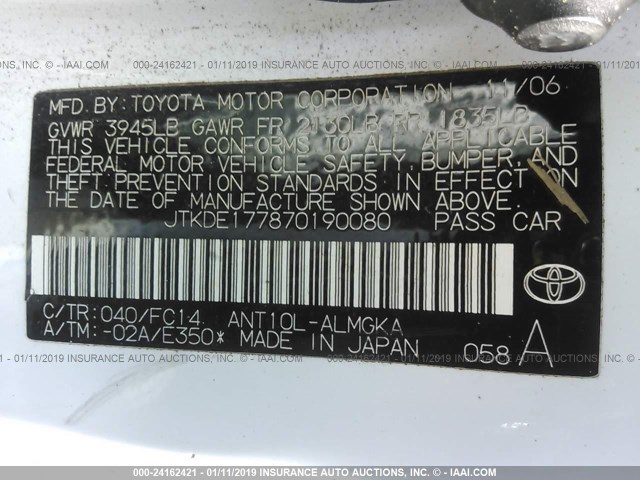 JTKDE177870190080 - 2007 TOYOTA SCION TC Ağ foto 9