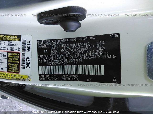 5TDYK4CC5AS325302 - 2010 TOYOTA SIENNA XLE/XLE LIMITED WHITE photo 9