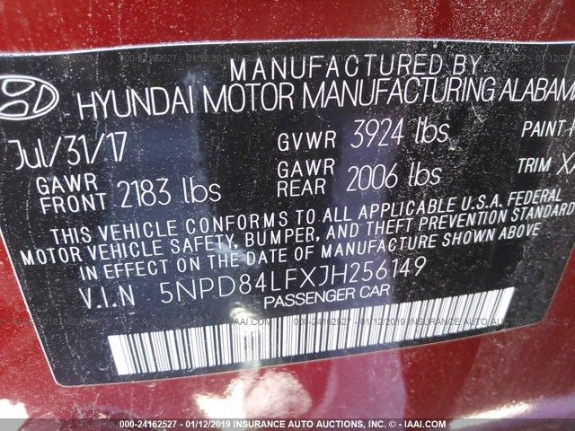 5NPD84LFXJH256149 - 2018 HYUNDAI ELANTRA SEL/VALUE/LIMITED RED photo 9