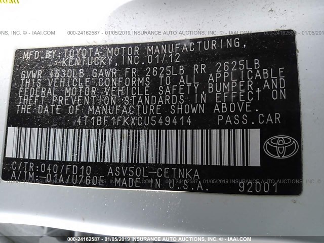 4T1BF1FKXCU549414 - 2012 TOYOTA CAMRY SE/LE/XLE 白色 照片 9