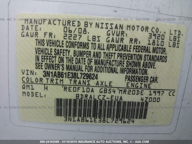 3N1AB61E38L729624 - 2008 NISSAN SENTRA 2.0/2.0S/2.0SL WHITE photo 9