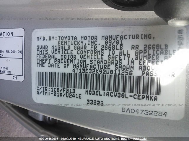 4T1BE32K92U011256 - 2002 TOYOTA CAMRY LE/XLE/SE SILVER photo 9