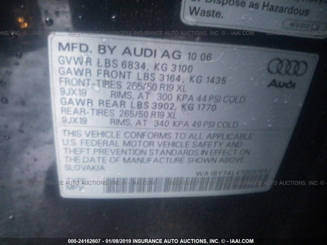 WA1BY74L47D051092 - 2007 AUDI Q7 3.6 QUATTRO PREMIUM BLACK photo 9