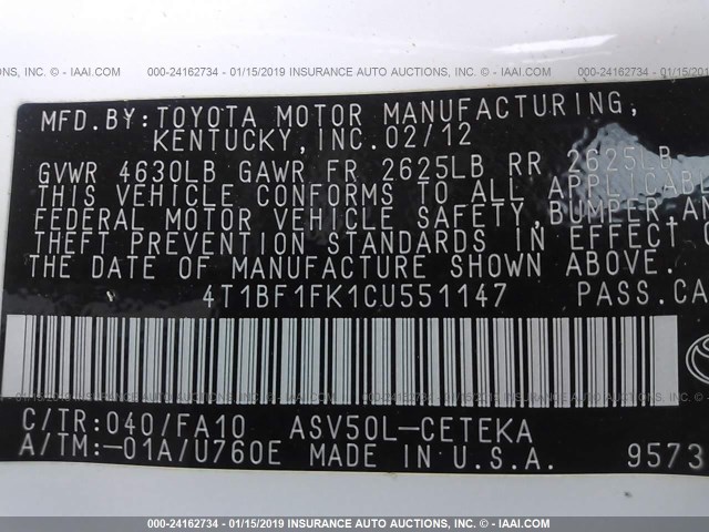 4T1BF1FK1CU551147 - 2012 TOYOTA CAMRY SE/LE/XLE WHITE photo 9