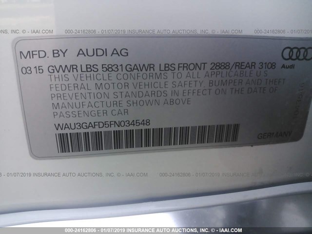 WAU3GAFD5FN034548 - 2015 AUDI A8 L QUATTRO WHITE photo 9