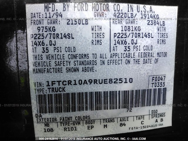 1FTCR10A9RUE82510 - 1994 FORD RANGER BLACK photo 9